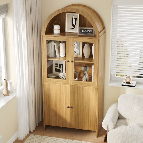 Vitrine à Portes Vitrées-buffet à Plateau Arqué-meuble De Salon-naturel