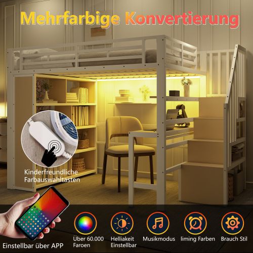 Lit 140 X 200 Cm-lit Mezzanine En Fer-avec Bureau-led-blanc