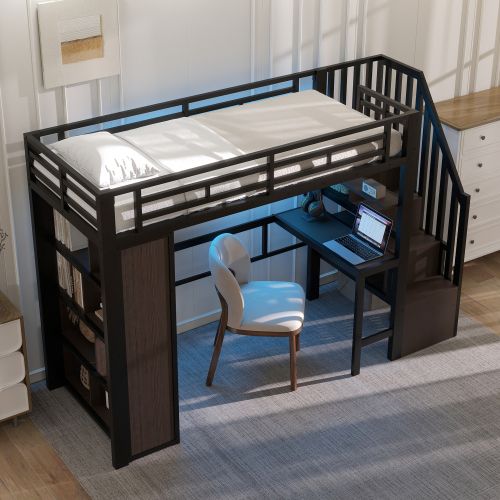 Lit 90 X 200 Cm-lit Mezzanine En Fer-avec Bureau-led-noir