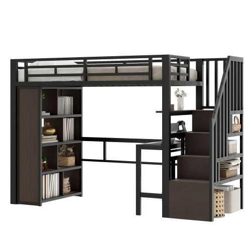 Lit 90 X 200 Cm-lit Mezzanine En Fer-avec Bureau-led-noir