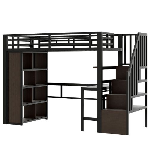 Lit 90 X 200 Cm-lit Mezzanine En Fer-avec Bureau-led-noir