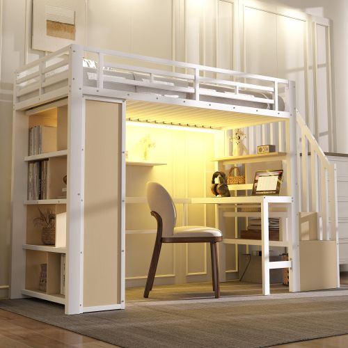 Lit 90 X 200 Cm-lit Mezzanine En Fer-avec Bureau-led-blanc