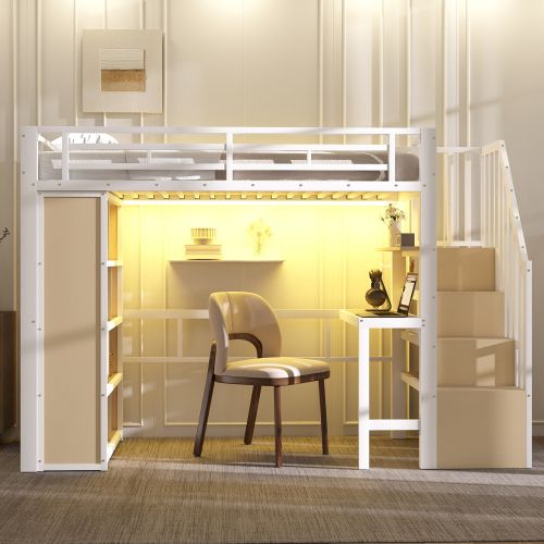 Lit 90 X 200 Cm-lit Mezzanine En Fer-avec Bureau-led-blanc