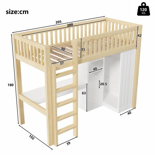 Lit 90 X 200 Cm-lit Mezzanine-bureau-armoire-3 Tiroirs-naturel