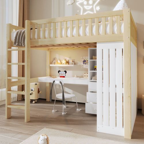 Lit 140 X 200 Cm-lit Mezzanine-bureau-armoire-3 Tiroirs-naturel