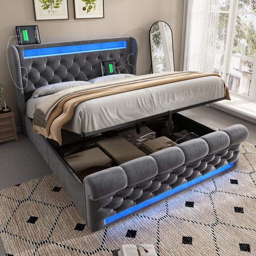 Lit Coffre 140 X 190cm Avec USB Et LED Velours Gris