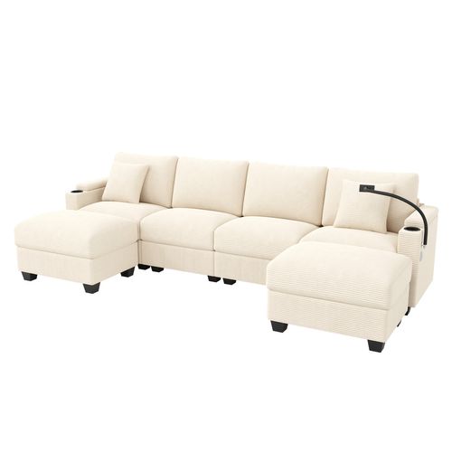 Canapé Angle Fixe 4 Places En Forme De U Avec Support Pour Téléphone Et Port USB Beige