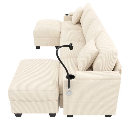 Canapé Angle Fixe 4 Places En Forme De U Avec Support Pour Téléphone Et Port USB Beige