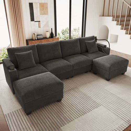 Canapé Angle Fixe 4 Places En Forme De U Avec Support Pour Téléphone Et Port USB Gris