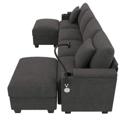 Canapé Angle Fixe 4 Places En Forme De U Avec Support Pour Téléphone Et Port USB Gris