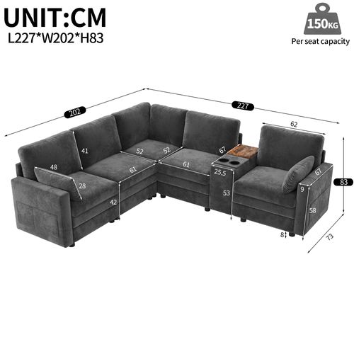 Canapé angle fixe 5 Places En Forme De L Avec USB Et Porte-gobelets Gris