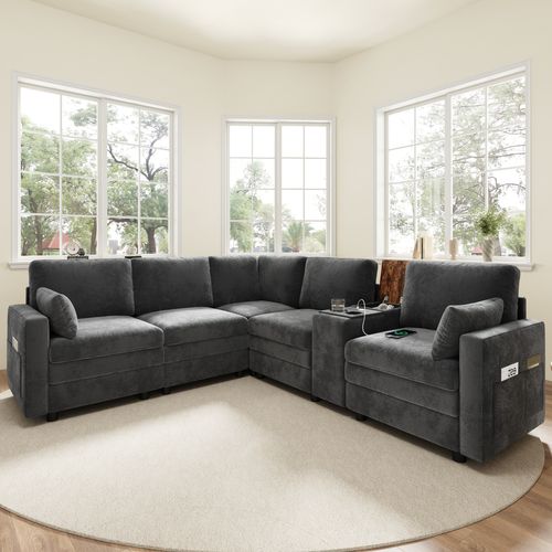 Canapé angle fixe 5 Places En Forme De L Avec USB Et Porte-gobelets Gris