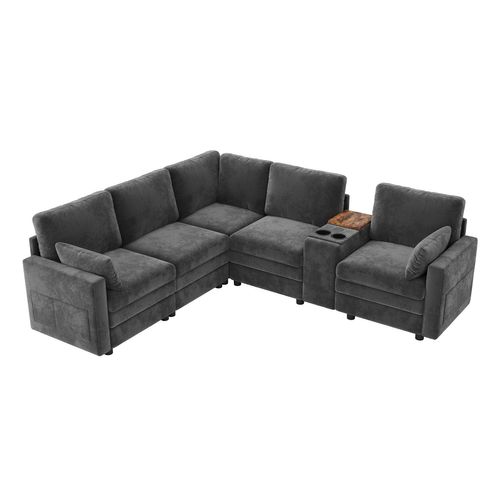 Canapé angle fixe 5 Places En Forme De L Avec USB Et Porte-gobelets Gris