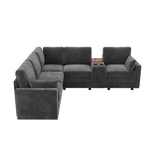 Canapé angle fixe 5 Places En Forme De L Avec USB Et Porte-gobelets Gris