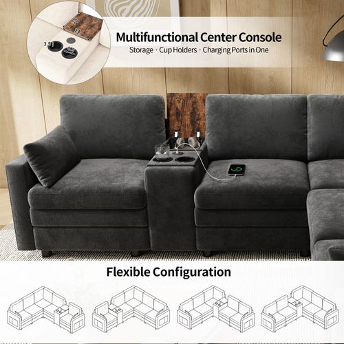 Canapé angle fixe 5 Places En Forme De L Avec USB Et Porte-gobelets Gris