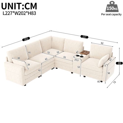 Canapé angle fixe 5 Places En Forme De L Avec USB Et Porte-gobelets Beige