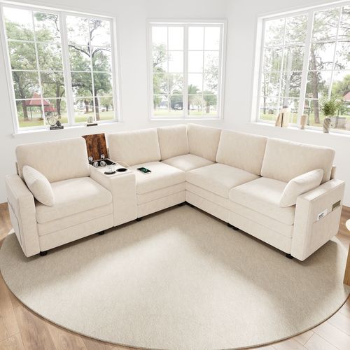 Canapé angle fixe 5 Places En Forme De L Avec USB Et Porte-gobelets Beige