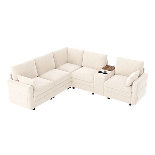 Canapé angle fixe 5 Places En Forme De L Avec USB Et Porte-gobelets Beige