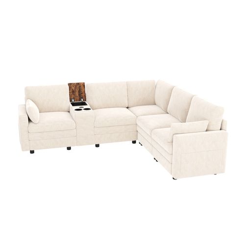 Canapé angle fixe 5 Places En Forme De L Avec USB Et Porte-gobelets Beige