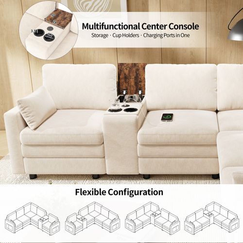 Canapé angle fixe 5 Places En Forme De L Avec USB Et Porte-gobelets Beige