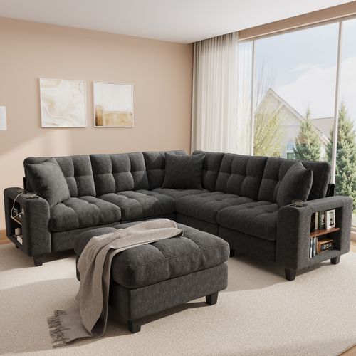 Canapé angle fixe 6 Places En Forme De U Avec 4 Niches, USB Et Porte-gobelets Gris