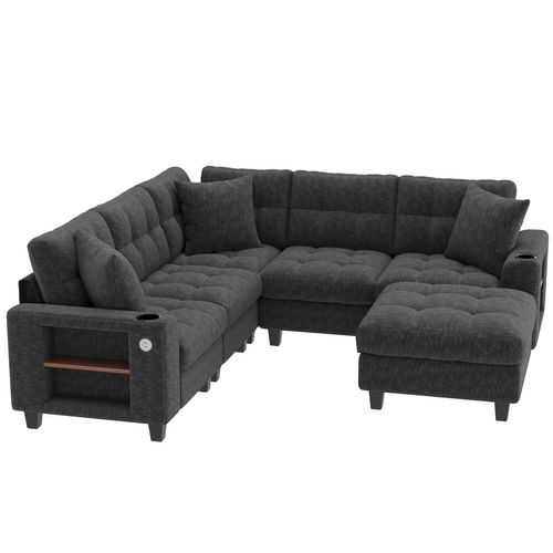 Canapé angle fixe 6 Places En Forme De U Avec 4 Niches, USB Et Porte-gobelets Gris