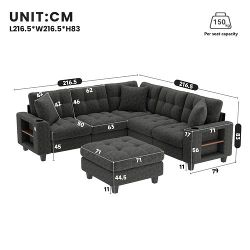 Canapé angle fixe 6 Places En Forme De U Avec 4 Niches, USB Et Porte-gobelets Gris