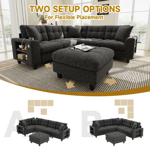 Canapé angle fixe 6 Places En Forme De U Avec 4 Niches, USB Et Porte-gobelets Gris