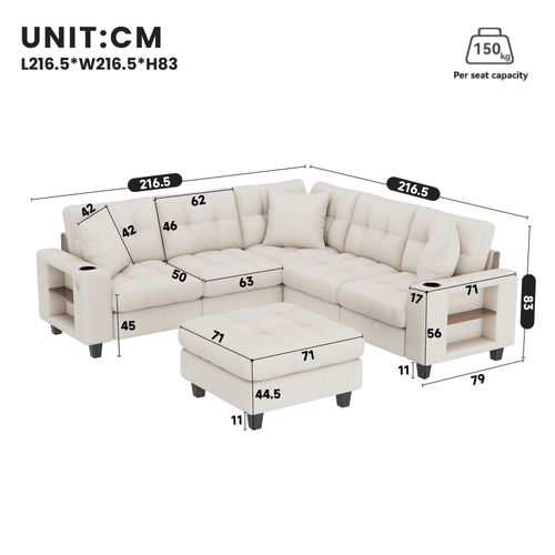 Canapé angle fixe 6 Places En Forme De U Avec 4 Niches, USB Et Porte-gobelets Beige