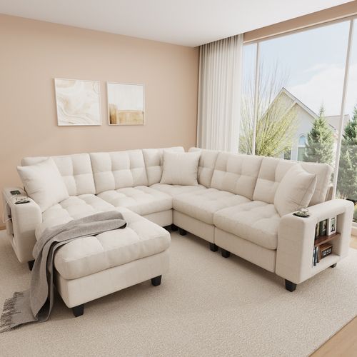Canapé angle fixe 6 Places En Forme De U Avec 4 Niches, USB Et Porte-gobelets Beige