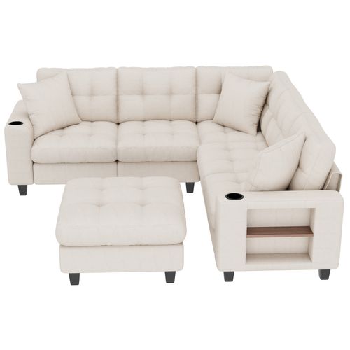 Canapé angle fixe 6 Places En Forme De U Avec 4 Niches, USB Et Porte-gobelets Beige
