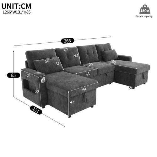 Canapé Convertible 4 Places Avec USB, Porte-gobelets Et Coffre De Rangement