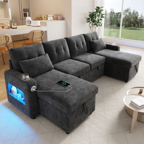 Canapé Convertible 4 Places Avec USB, Porte-gobelets Et Coffre De Rangement