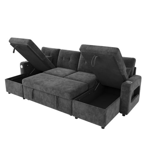 Canapé Convertible 4 Places Avec USB, Porte-gobelets Et Coffre De Rangement