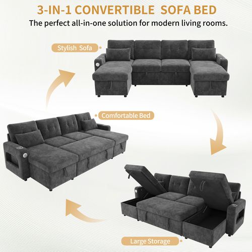 Canapé Convertible 4 Places Avec USB, Porte-gobelets Et Coffre De Rangement
