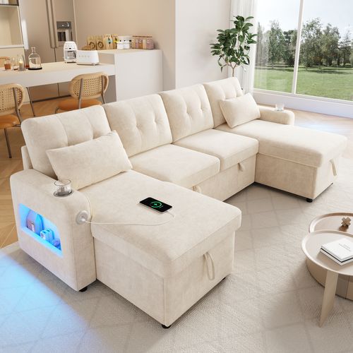 Canapé Convertible 4 Places Avec USB, Porte-gobelets Et Coffre De Rangement