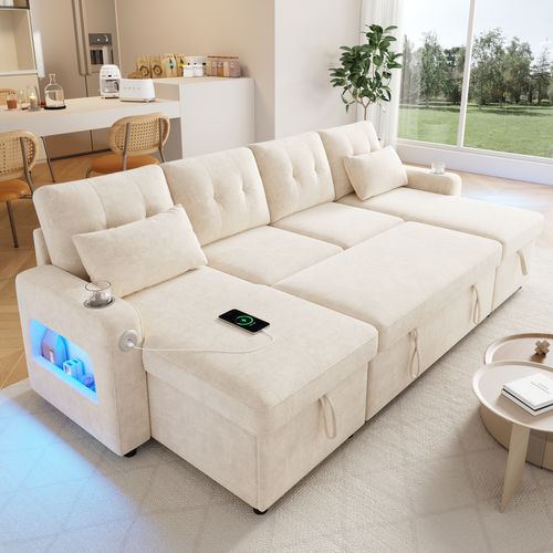 Canapé Convertible 4 Places Avec USB, Porte-gobelets Et Coffre De Rangement