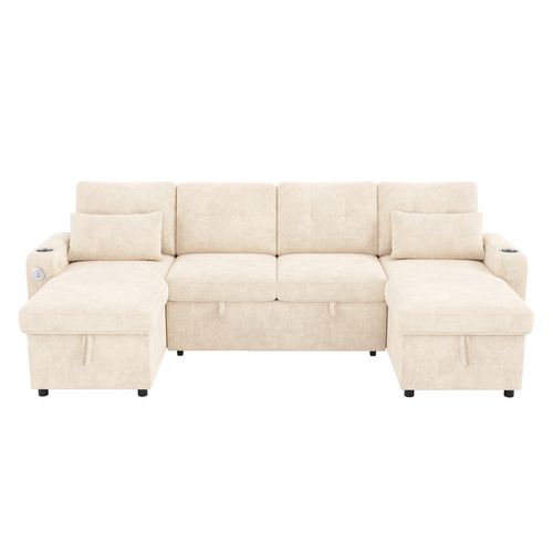 Canapé Convertible 4 Places Avec USB, Porte-gobelets Et Coffre De Rangement