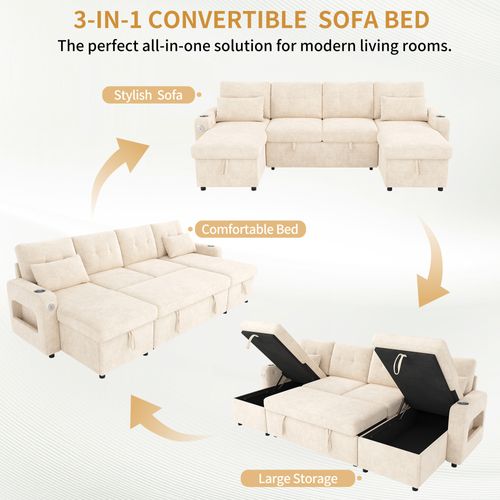 Canapé Convertible 4 Places Avec USB, Porte-gobelets Et Coffre De Rangement