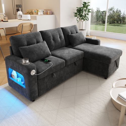 Canapé Angle Convertible 3 Places En Forme De L Avec USB, Porte-gobelets Et Coffre De Rangement