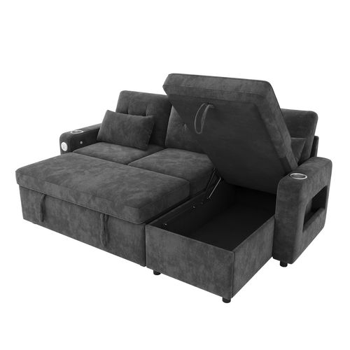 Canapé Angle Convertible 3 Places En Forme De L Avec USB, Porte-gobelets Et Coffre De Rangement