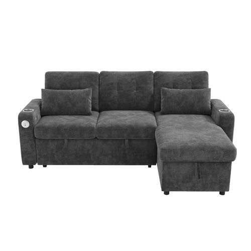 Canapé Angle Convertible 3 Places En Forme De L Avec USB, Porte-gobelets Et Coffre De Rangement