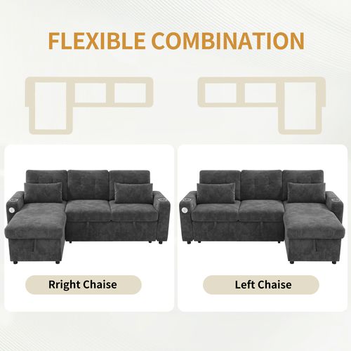 Canapé Angle Convertible 3 Places En Forme De L Avec USB, Porte-gobelets Et Coffre De Rangement