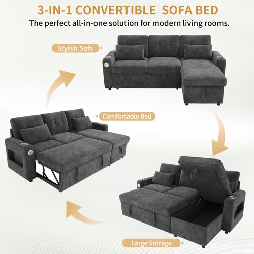 Canapé Angle Convertible 3 Places En Forme De L Avec USB, Porte-gobelets Et Coffre De Rangement