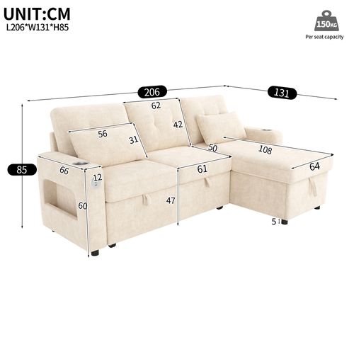 Canapé Angle Convertible 3 Places En Forme De L Avec USB, Porte-gobelets Et Coffre De Rangement