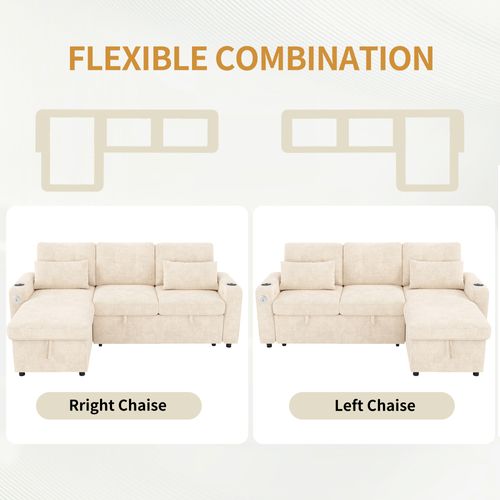 Canapé Angle Convertible 3 Places En Forme De L Avec USB, Porte-gobelets Et Coffre De Rangement