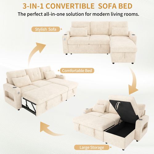 Canapé Angle Convertible 3 Places En Forme De L Avec USB, Porte-gobelets Et Coffre De Rangement