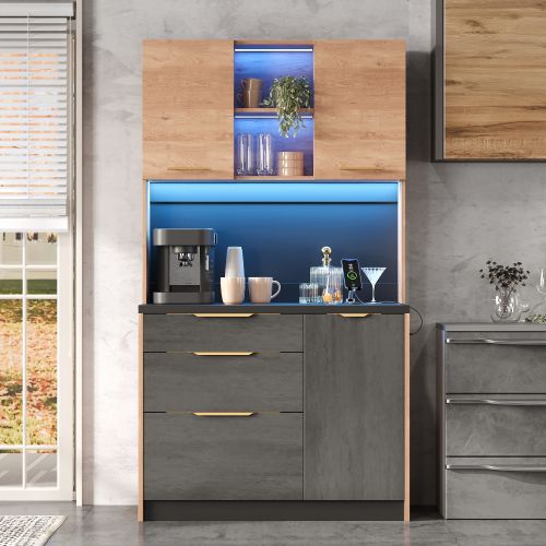Meuble De Cuisine-armoire Haute 180 Cm-buffet De Cuisine LED-prise Standard Européenne-noir