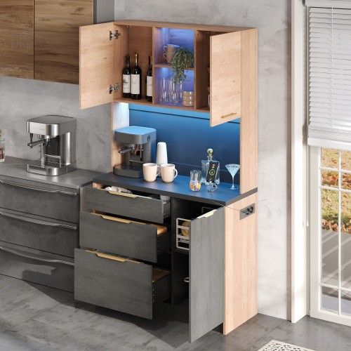 Meuble De Cuisine-armoire Haute 180 Cm-buffet De Cuisine LED-prise Standard Européenne-noir