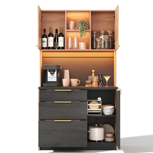 Meuble De Cuisine-armoire Haute 180 Cm-buffet De Cuisine LED-prise Standard Européenne-noir
